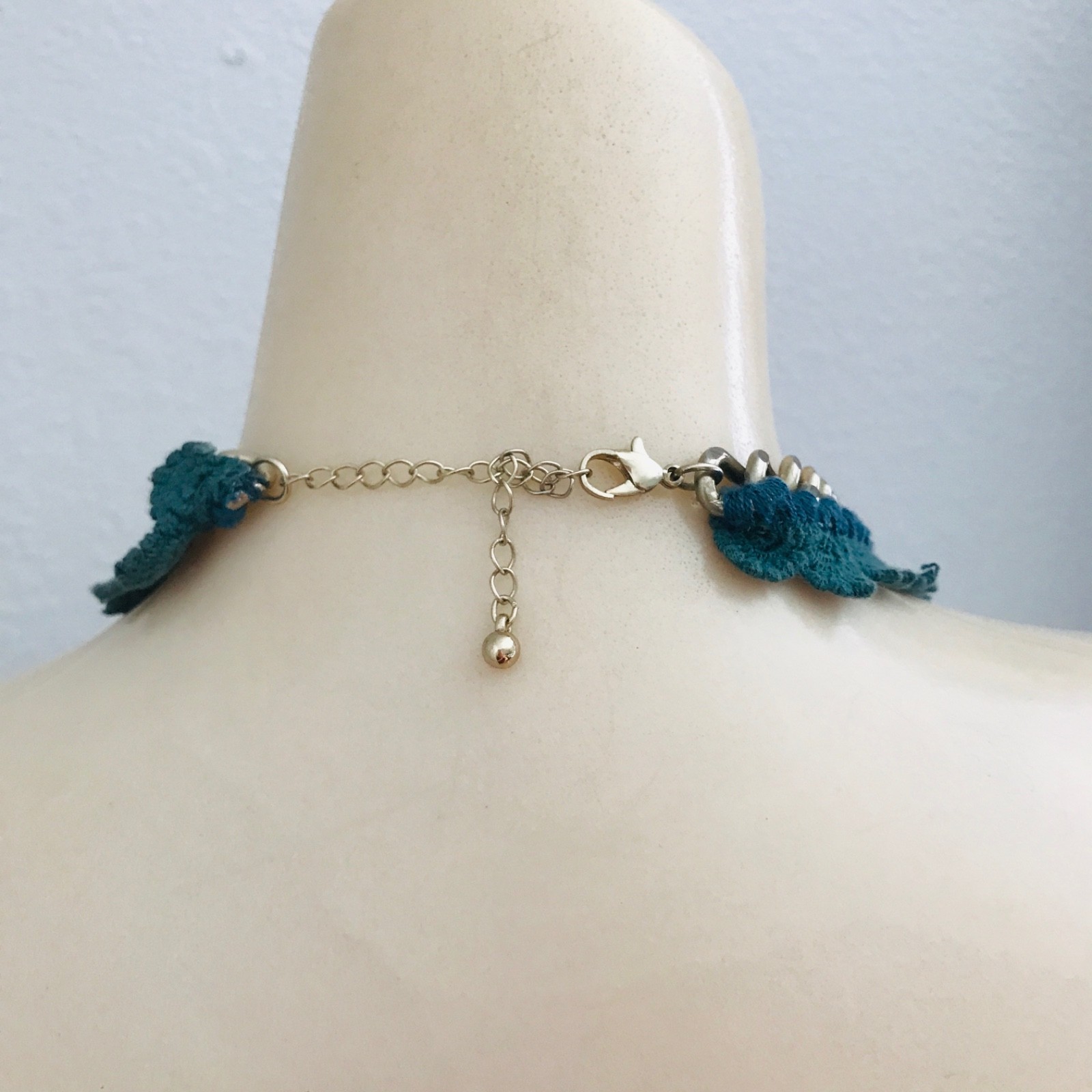 Statement Bib Necklace Gold Chain Green Lace Teal Coral Crystal Bead Drop Fairy