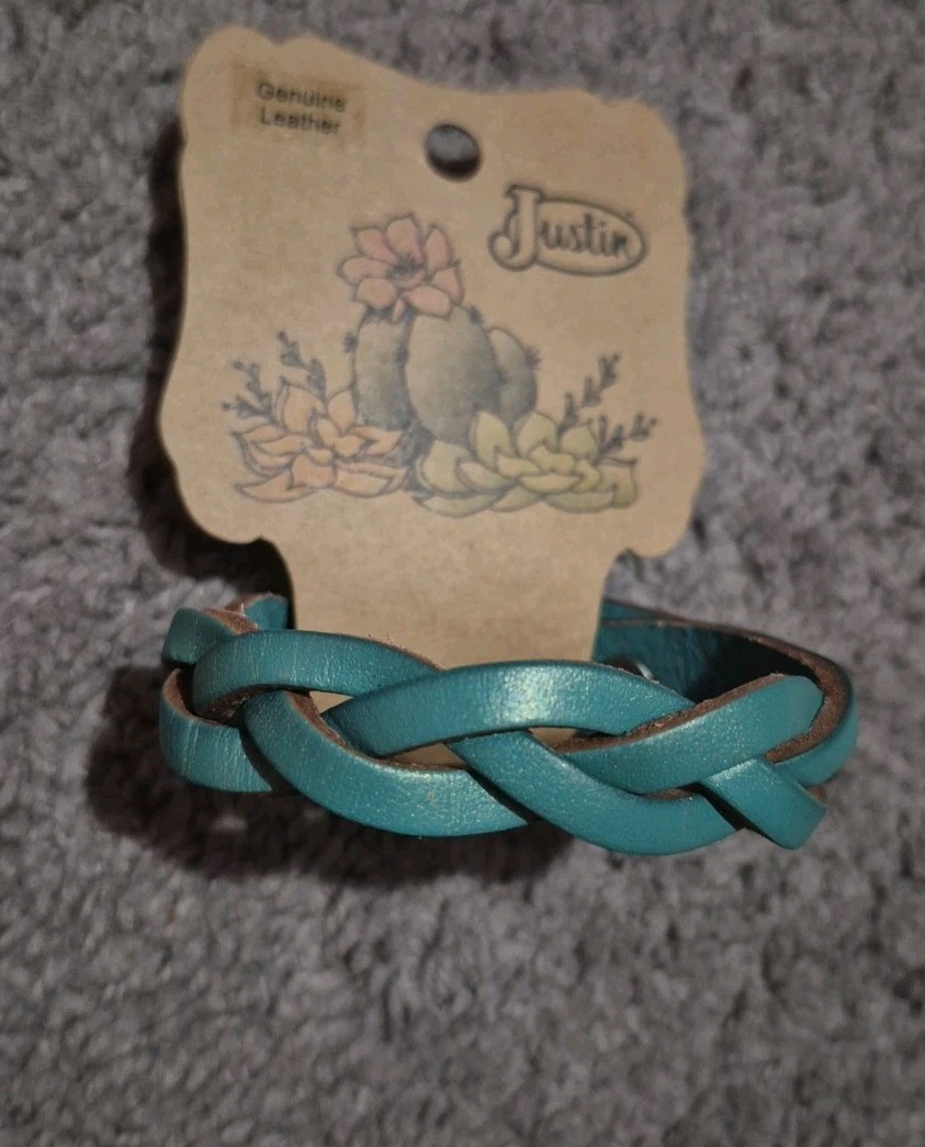 Justin Genuine Leather Braided Teal Western Bracelet Snap Closure NWT