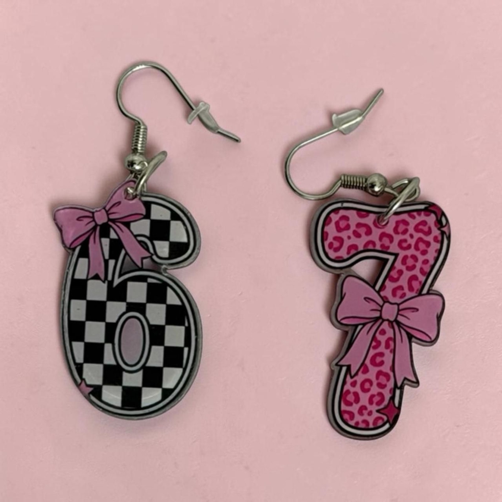 Coquette Aesthetic Number “67” Earrings Pink Bow & Checkerboard Dangle