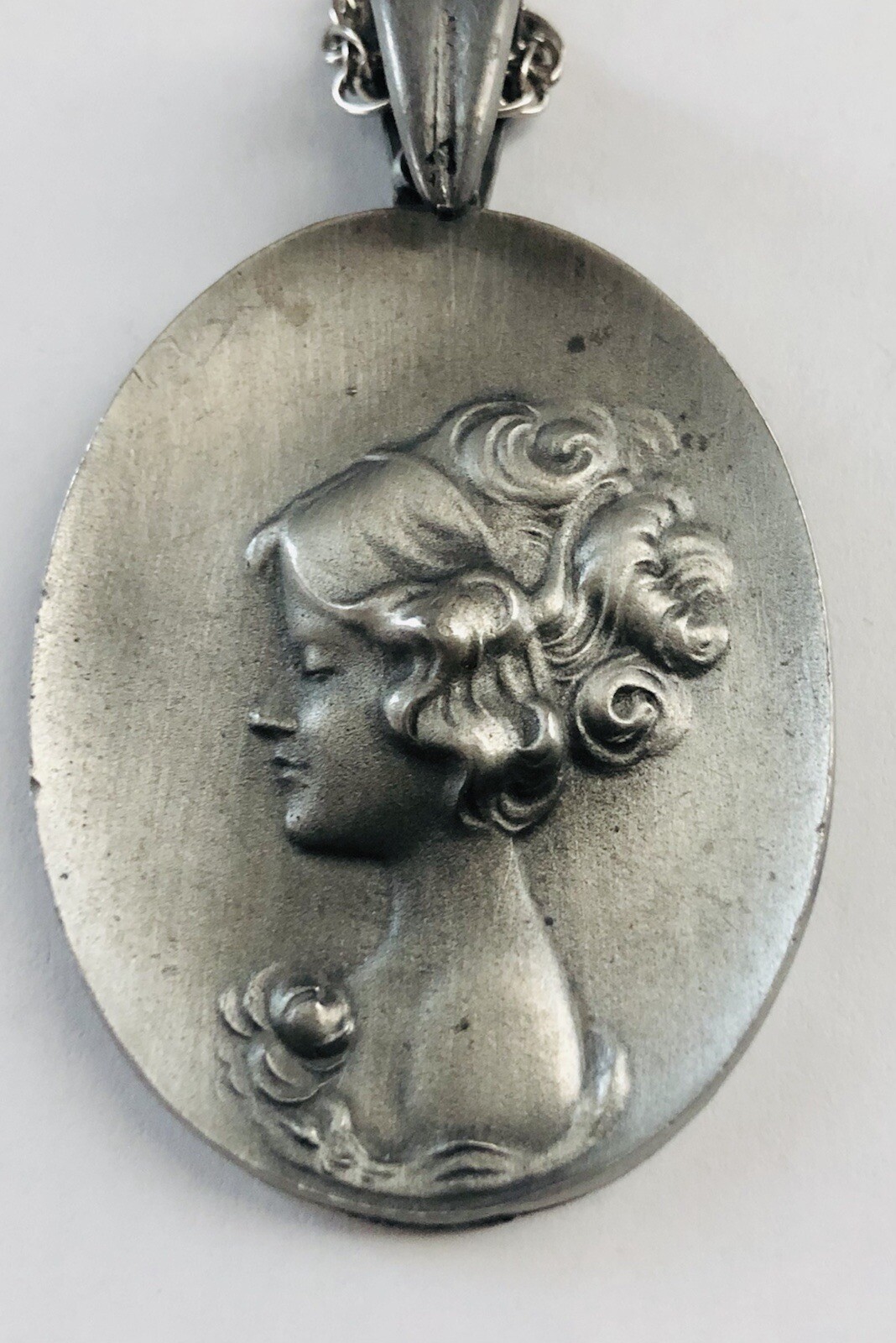 Signed PEWTER Grey Metal Lady Women Cameo Style Big Pendant Necklace