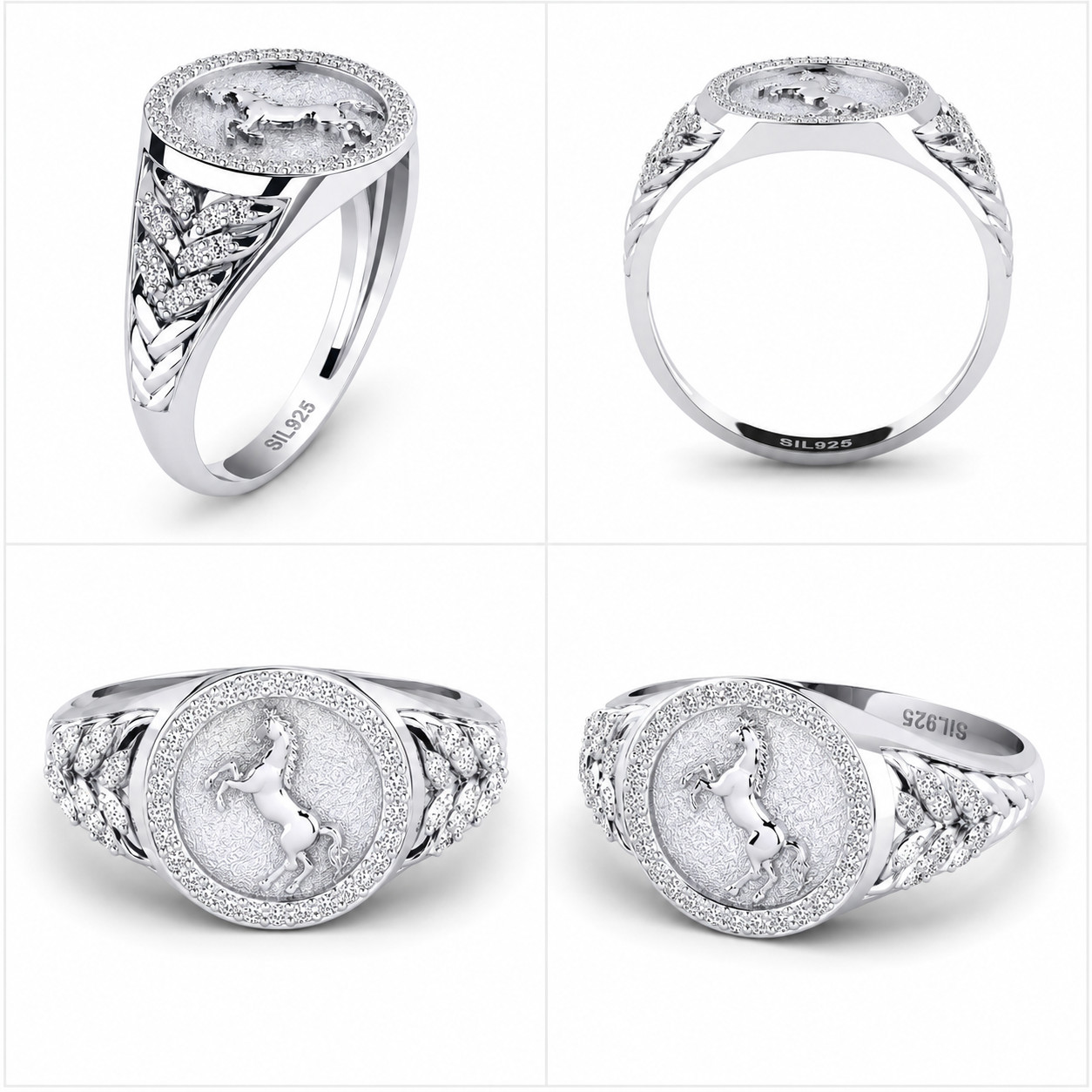 925 Sterling Silver Horse Signet Ring Moissanite Platinum Finish Custom
