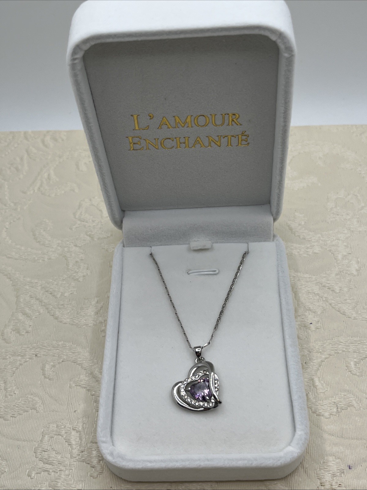 L’Amour Enchante Heart Shaped Purple Crystal Zirconia Pendant White Gold Plating