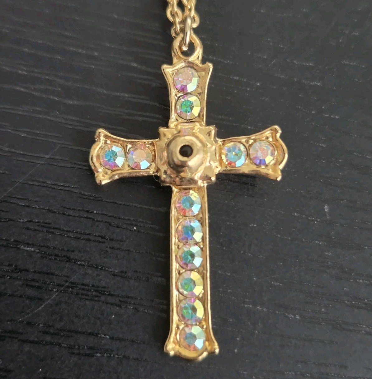 New Vintage Cross Necklace Gold Iridescent Rhinestone 40x24mm Pendant 46cm Chain