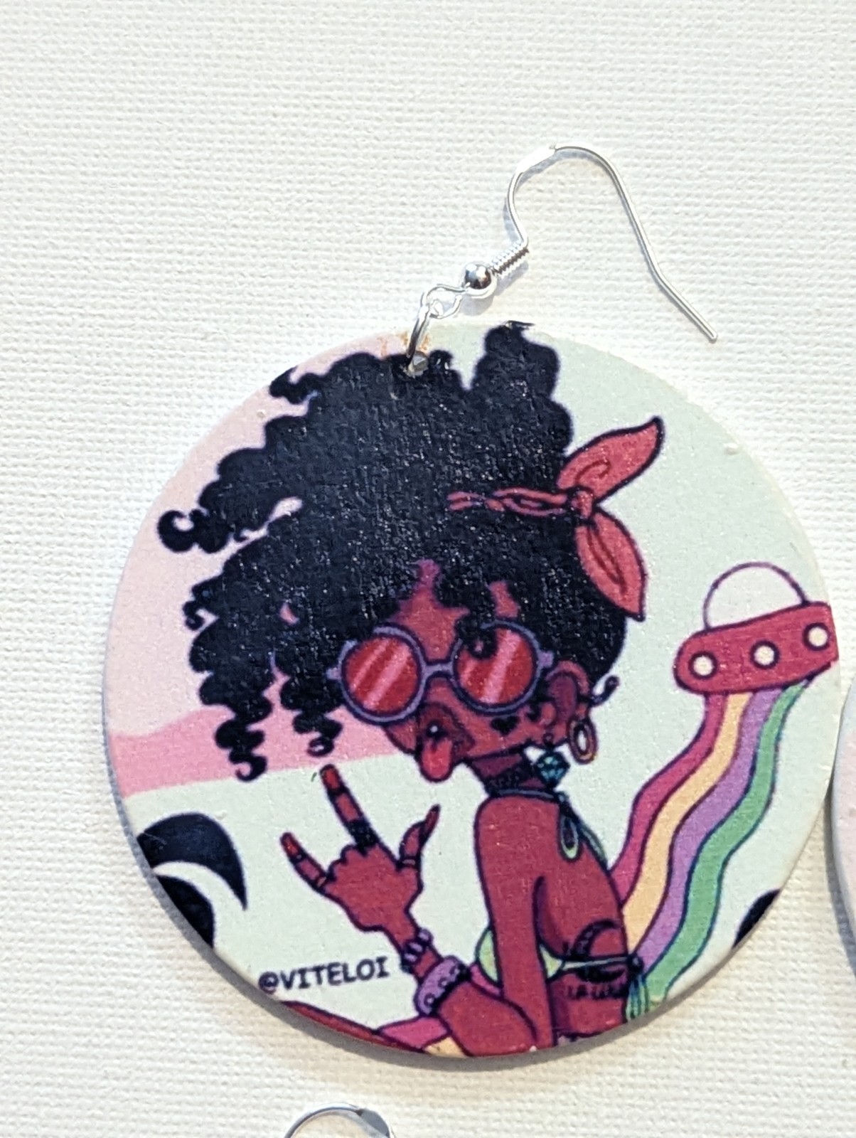 Multicolor Round Art Cartoon Girl Print Wood Dangle-Drop Hook Earrings