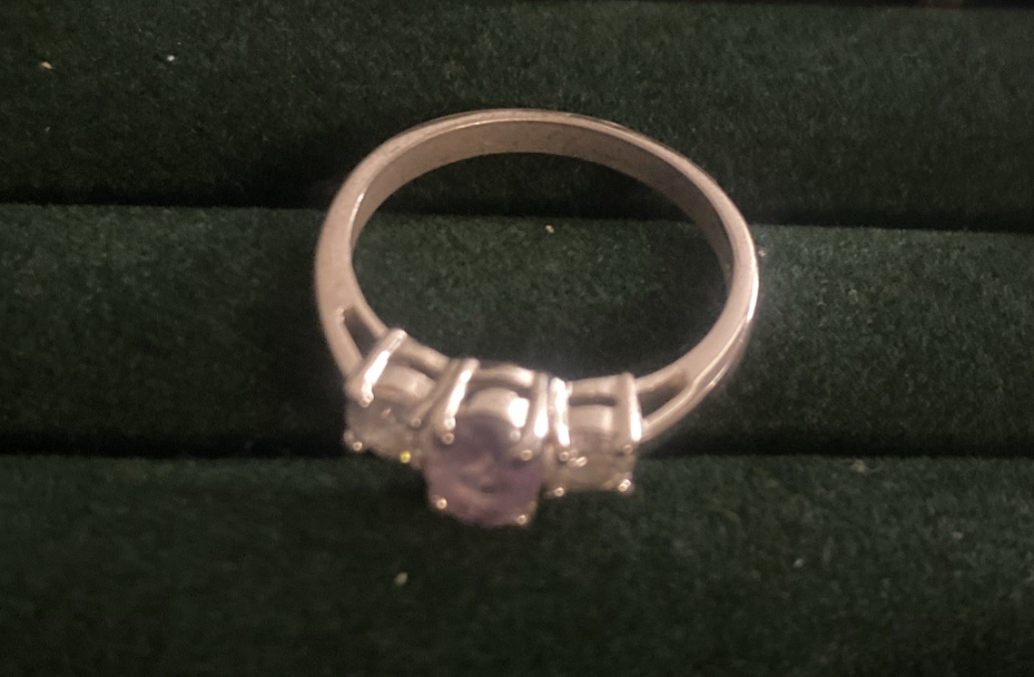Lilac / White Stone Silver Ring, 925 Stamped – See Description For Details
