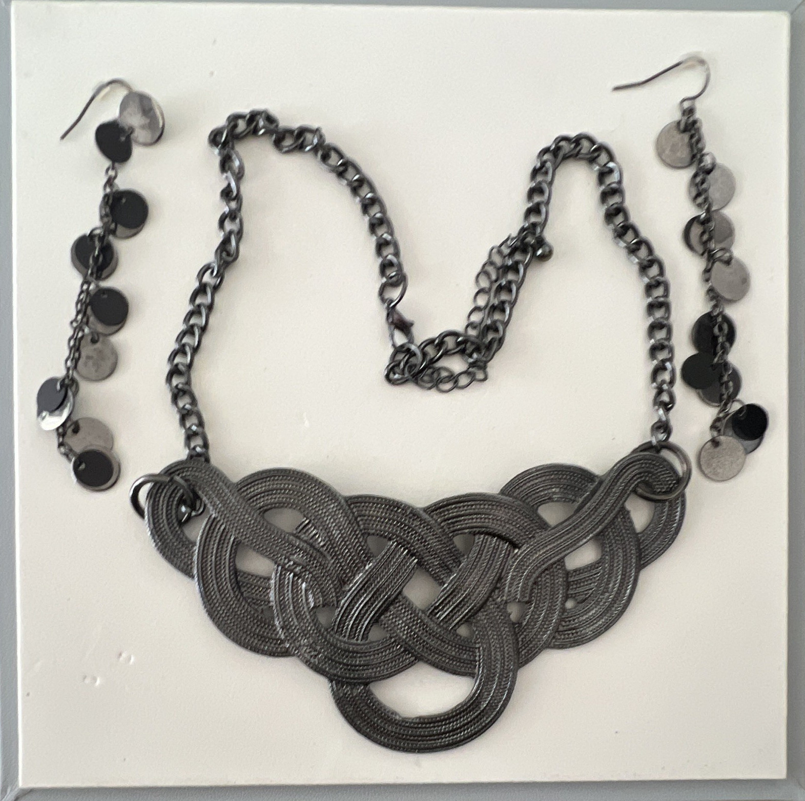 Gray Tone Chain Necklace Braided Knot Centerpiece & Dangle Earrings Set