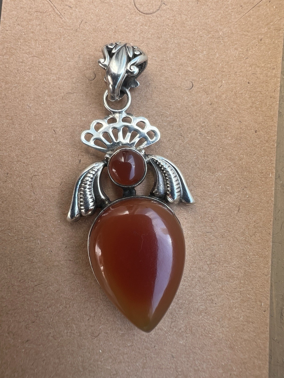 Sterling Silver 925 Angel Charm Pendant, Bezel Set Carnelian Teardrop, Signed