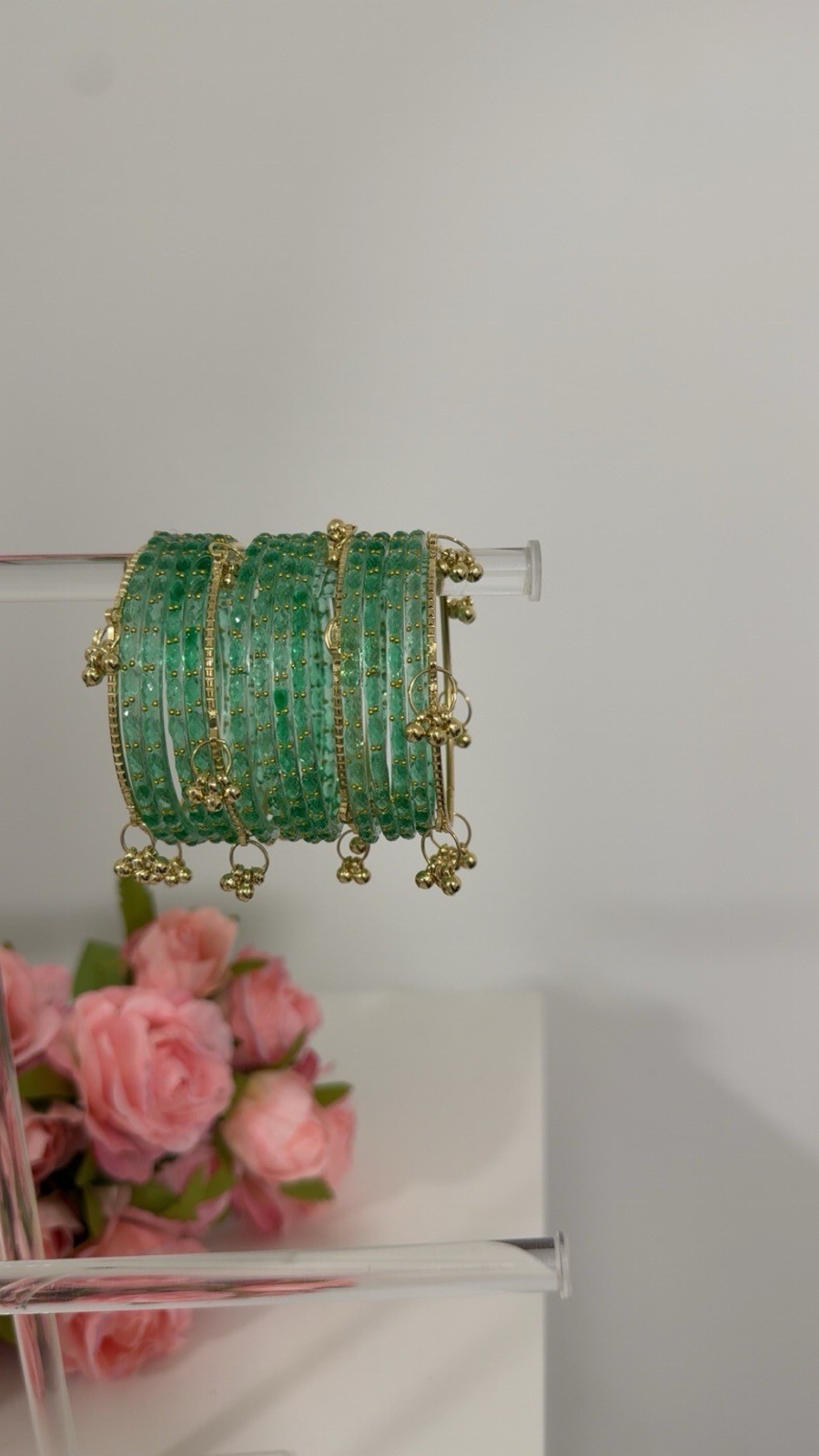 10 Piece Teal Glass Bangles With 4 Piece Gold Kashmiri Bangles Size 2.6