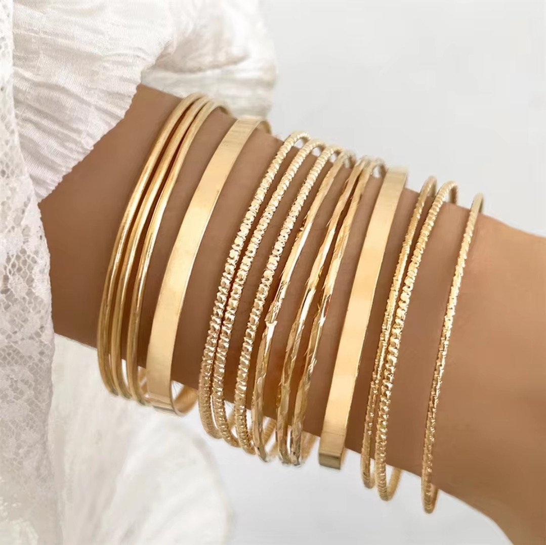 14 Pc Gold Tone Bangle Bracelet Set – Stacking Layered Trending Fashion Jewely