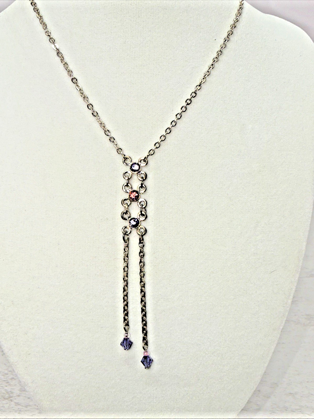 Vintage Silver Tone Purple Crystal Lariat Drop Y Necklace Tassel Boho Chic