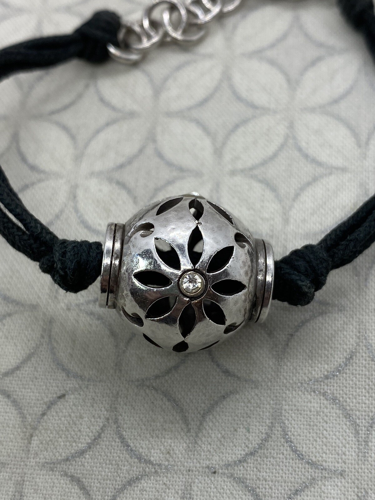 Brighton Trade Winds Silver Tone Corded Black Bracelet Round Flower bead Used