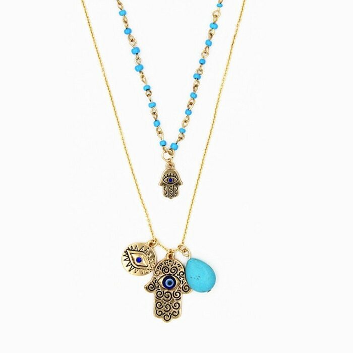 ZARD Evil Eye Hamsa Hand Turquoise Gem Charm Pendant Layered Necklace