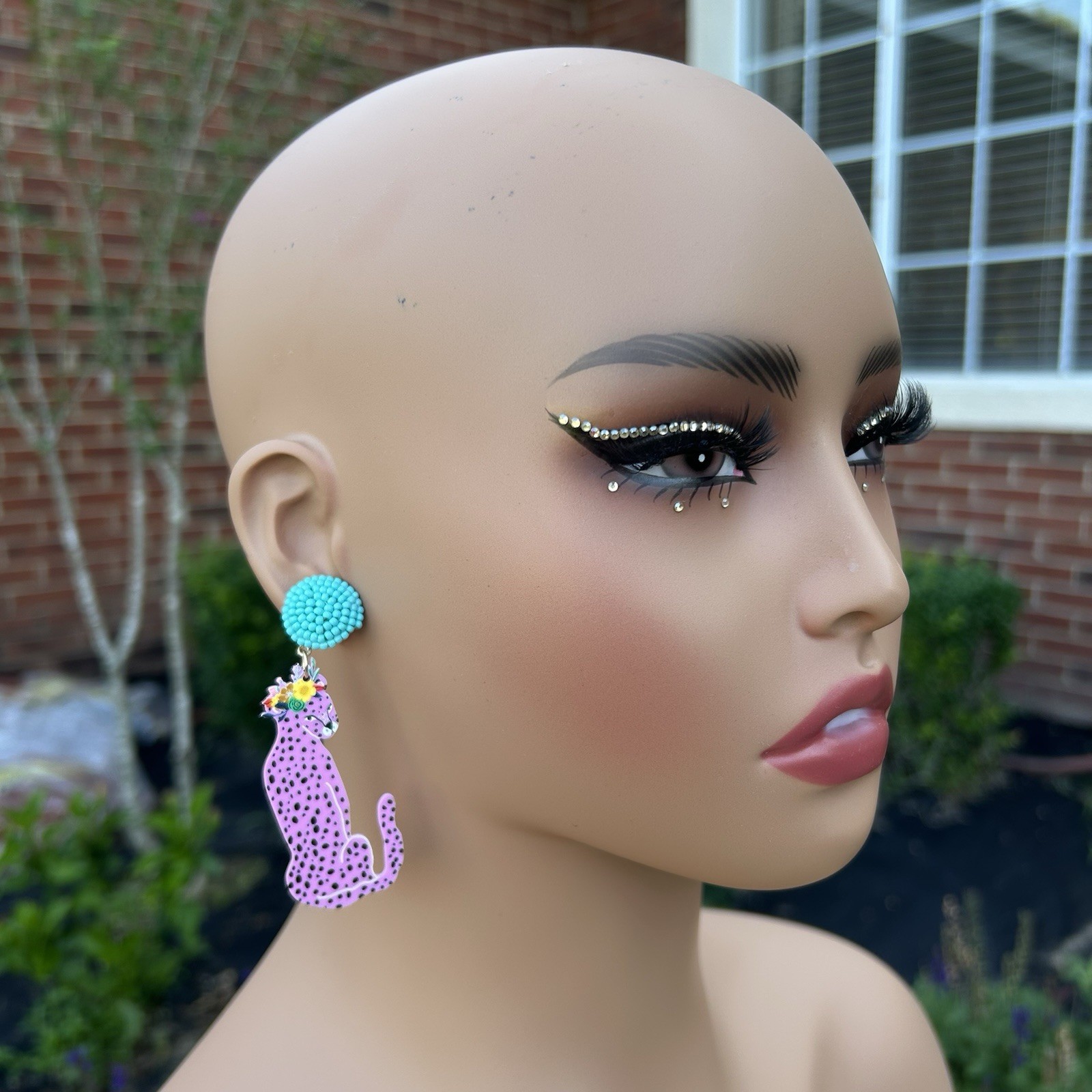 Chic Pink Leopard Earrings With Blue Beaded Stud Acrylic Dangle Big Cat E26