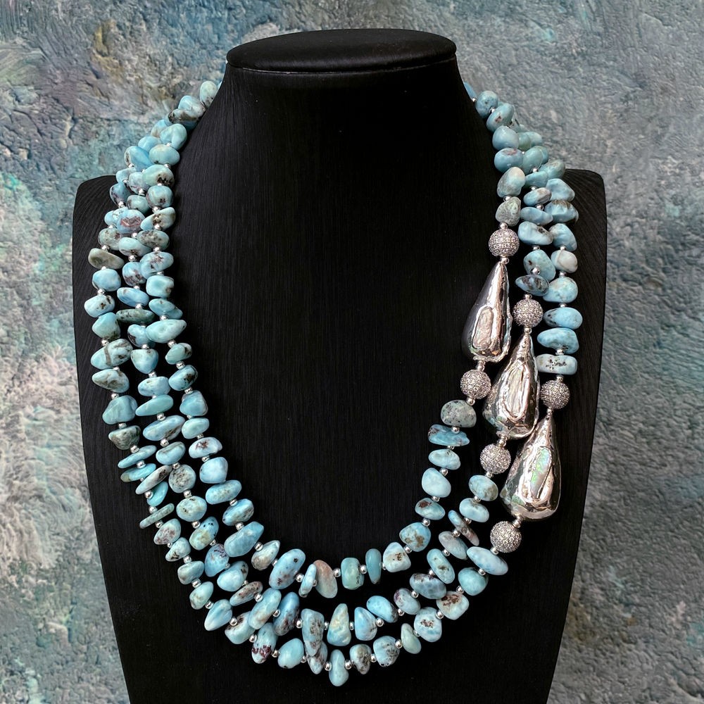 3 Strands Blue Larimar Necklace Blue Gemstone White Biwa Pearl Choker Jewelry