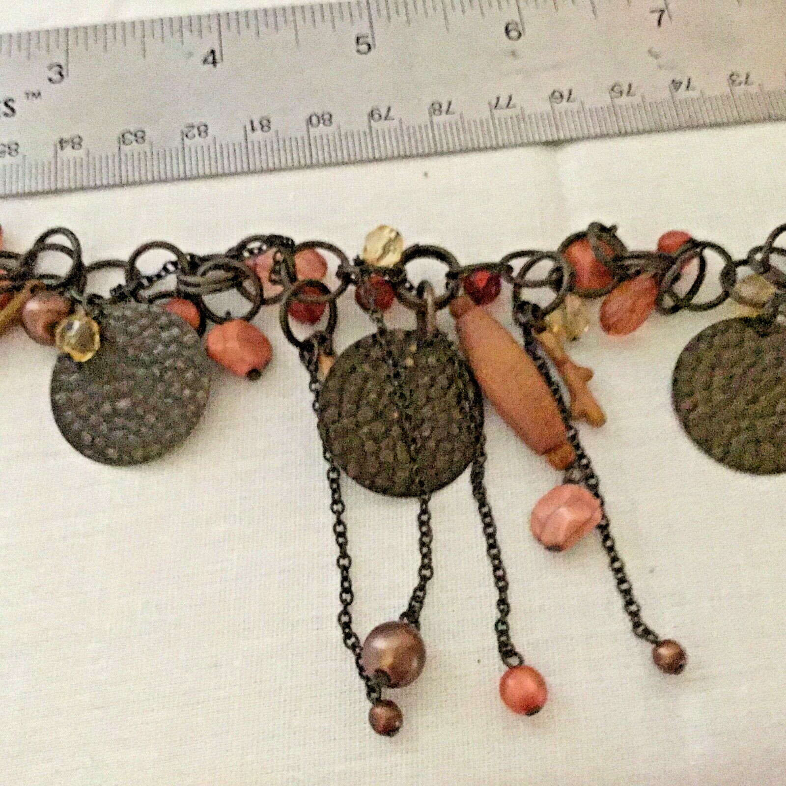 Beaded Multi Strand Necklace Gunmetal Tone Amber color and Coral Crackle Beads
