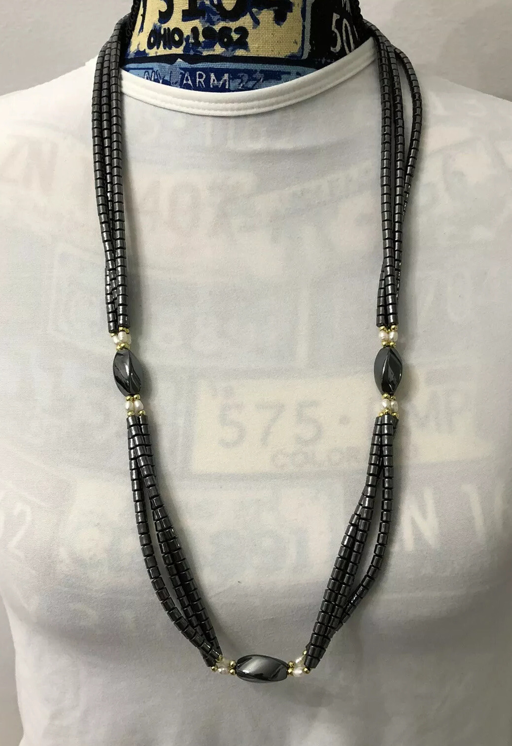 Triple Strand Hematite Stone Necklace Faux Pearls & Goldtone Spacers Length 32”