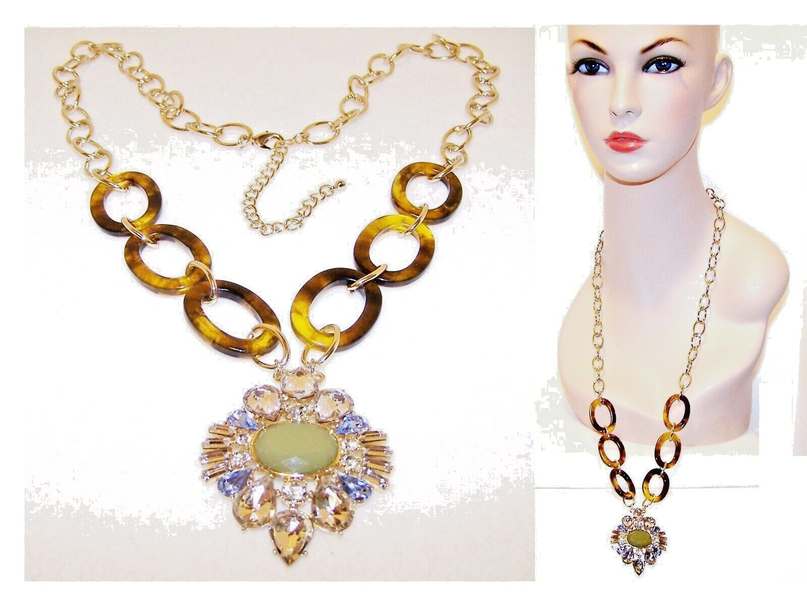 APT. 9 Necklace NEW on Card ● Clear Blue Green Rhinestones Gold& Tortoise Links