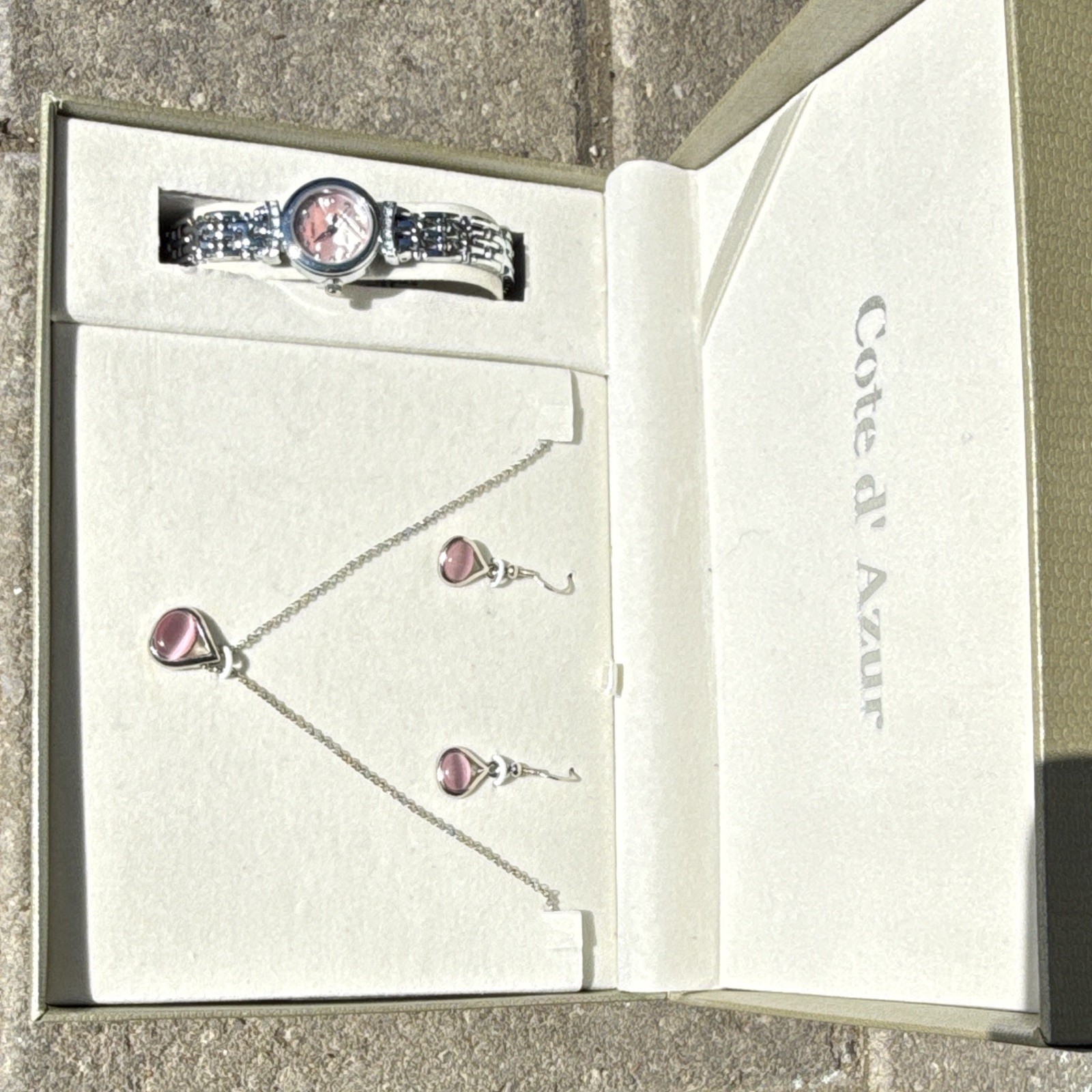 Cote d’Azur Silver Tone Pink Teardrop Stone Necklace Earrings Watch Set