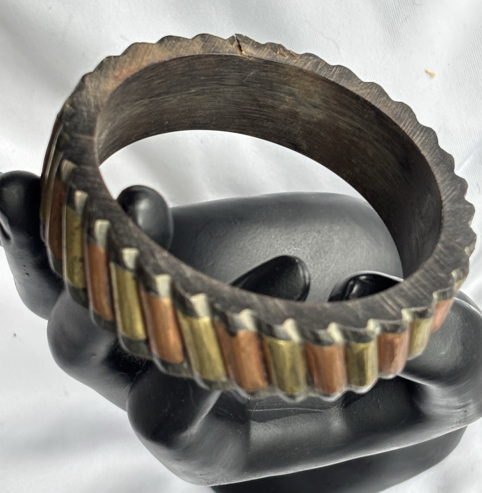Wood Bangle Copper Brass Metallic Design 2.5” Opening Bracelet Boho Casual