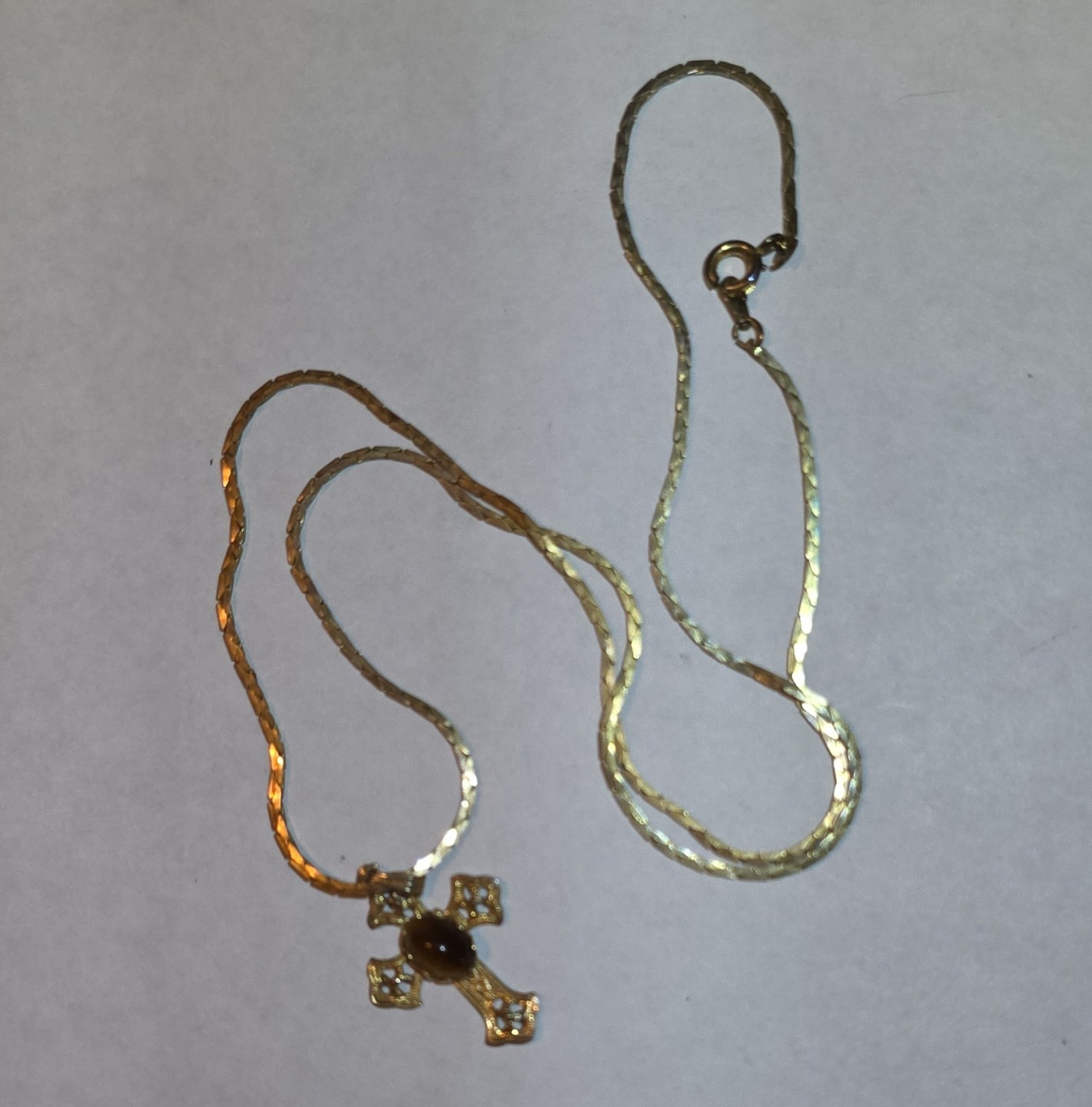 Gold Tone Cross Charm Pendant Necklace Oval Brown Stone Bezel Lobster Closure