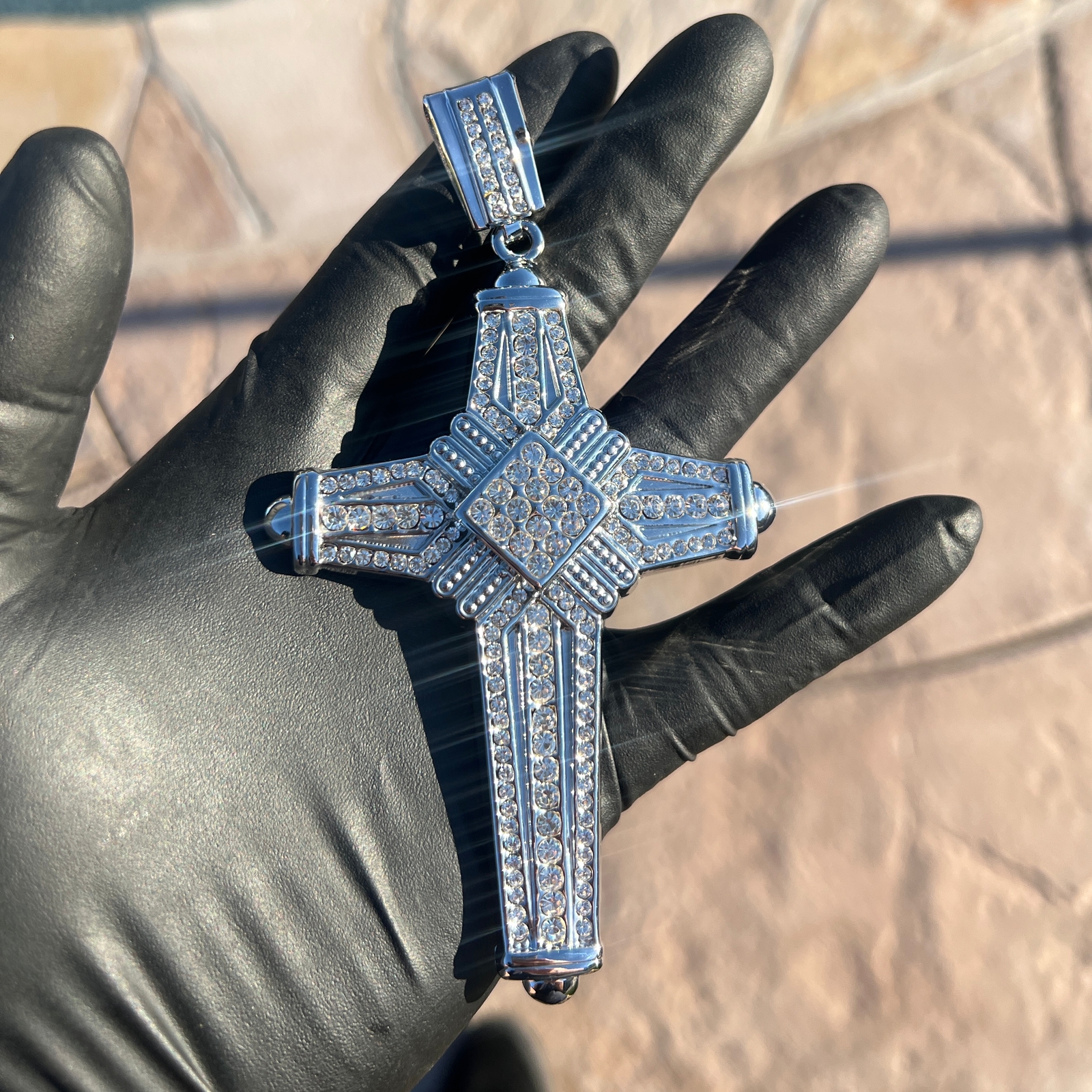 Men’s Latin Cross Hip Hop Pendant for Necklace Silver Tone Iced Bling Out CZ 5″