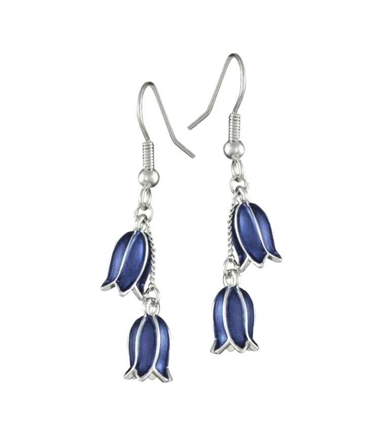 *IAJ* Bluebell Enamel SilverTone Double Drop Dangle Flowers Pierced Earrings