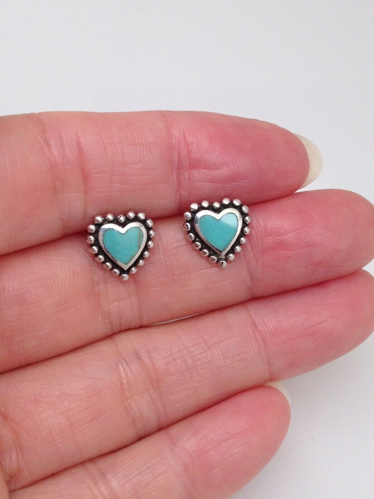 Small Turquoise Heart Stud Earrings 925 Sterling Silver Post 9.5mm(0.37″)
