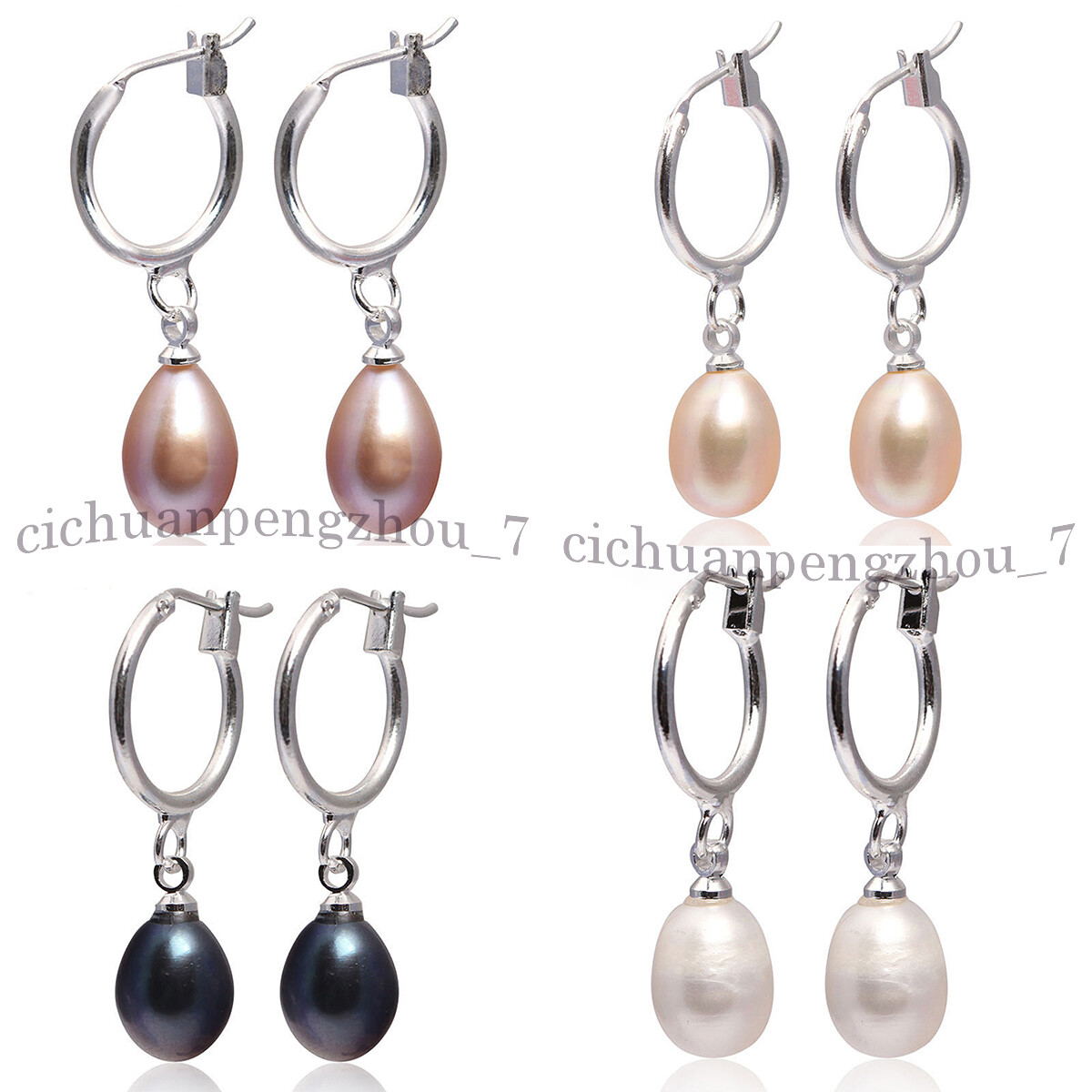Natural Black White Pink Purple Akoya Cultured Pearl Drop Dangle Hoop Earrings