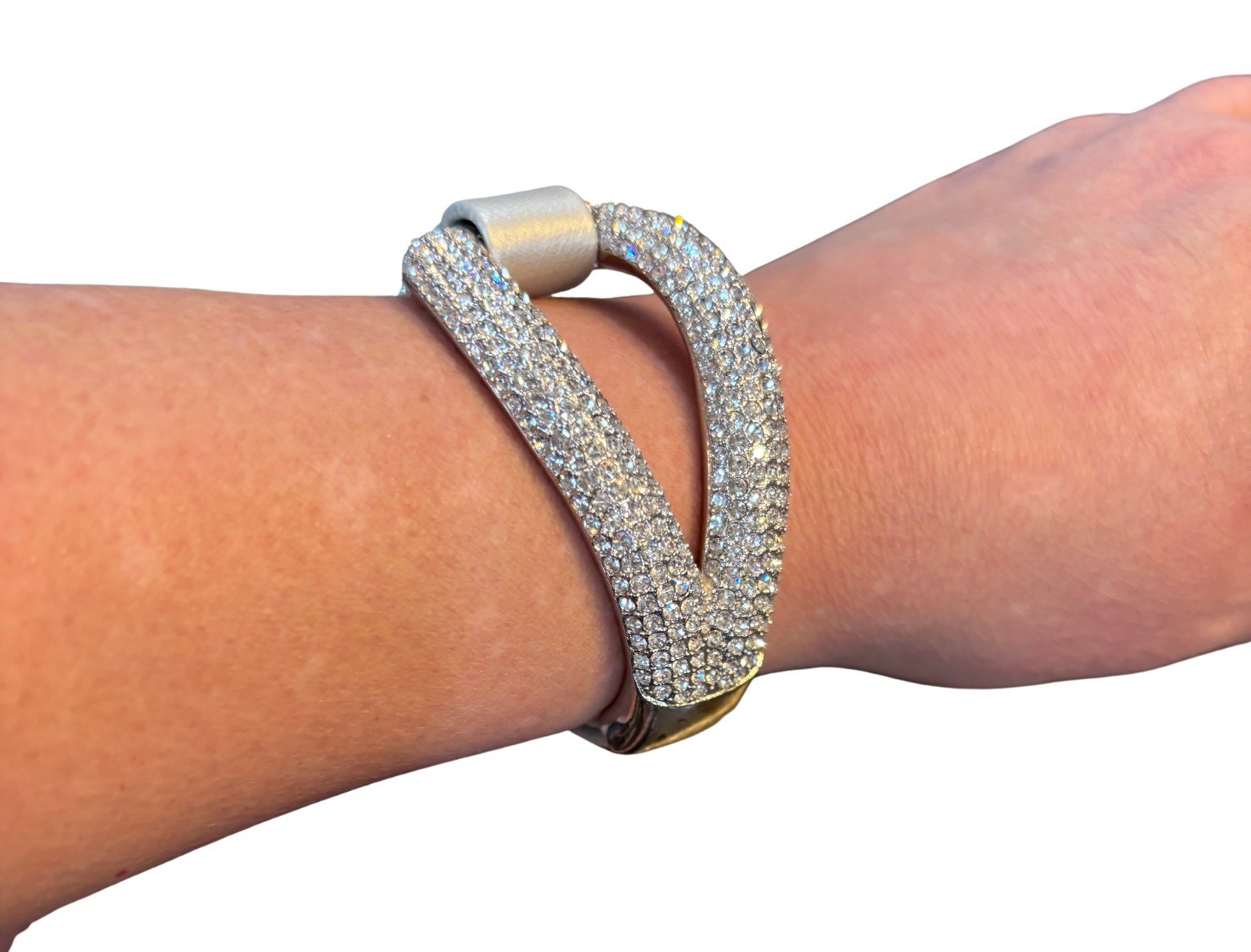 Joan Boyce Bracelet Silver-in-color Comfort Leather Rhinestones Magnetic Closure