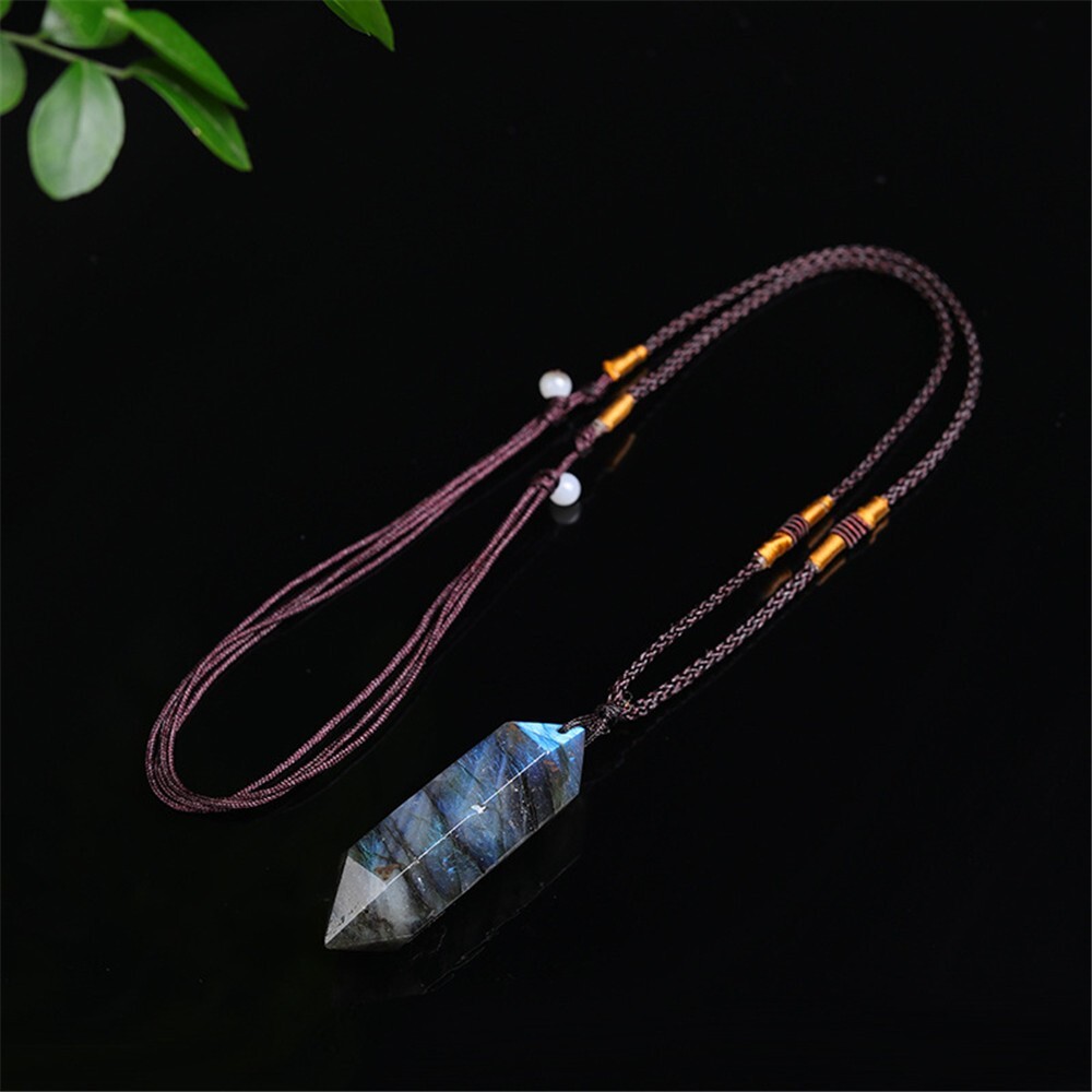 Natural Labradorite Stone Pendant Gemstone Double Point Crystal Charm Necklace