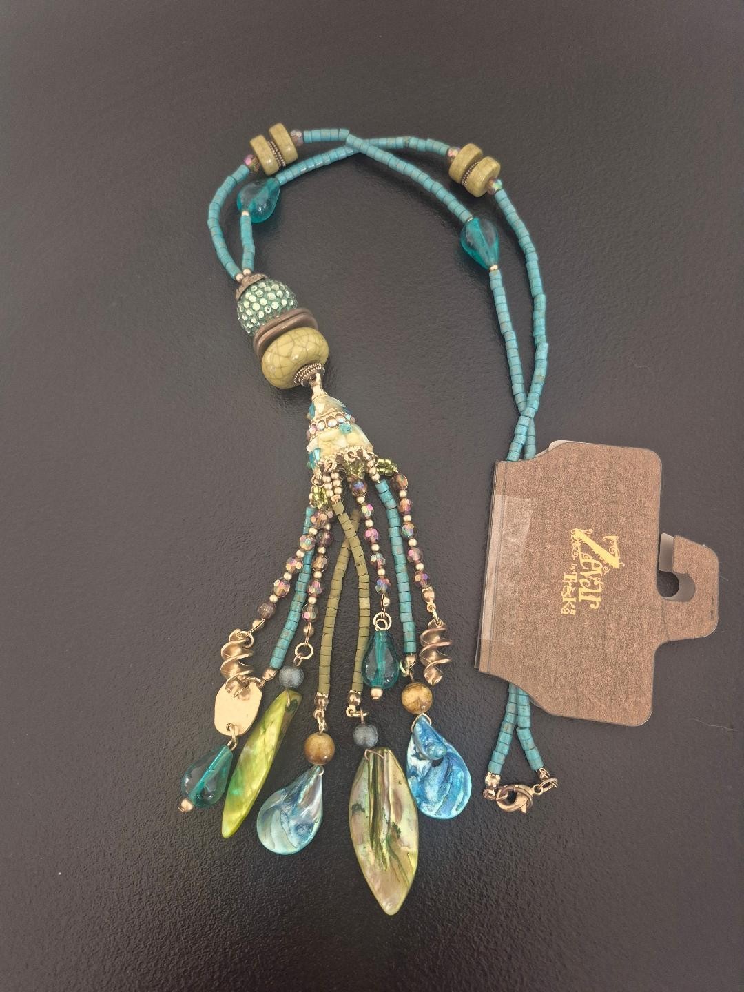 Zevar By Treska 22″ Long Boho Necklace Teal/Green/gold accents