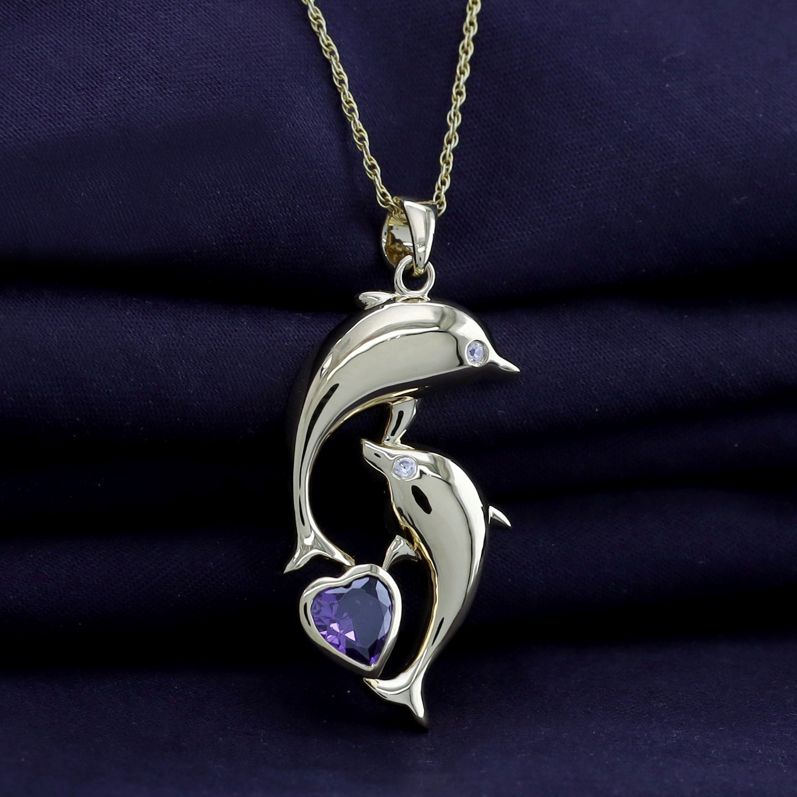 Dolphin Pendant Necklace 18″ Simulated Amethyst 14K Yellow Gold Plated Sterling
