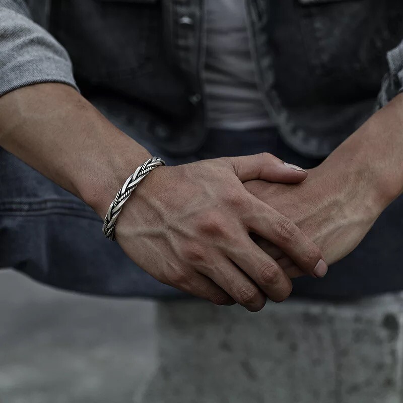 ZARD Men Twist Cable Cuff Bangle Statment Bracelet in 925 Sterling Silver