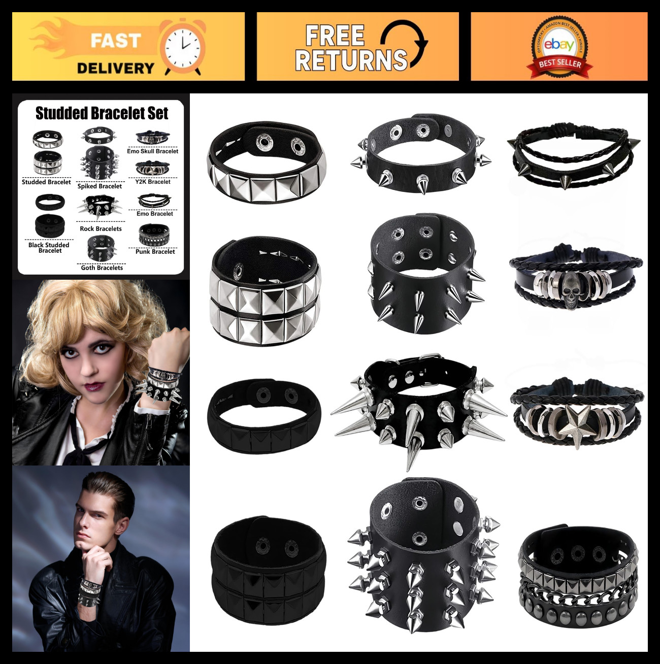 12 Pcs Spiked Studded Bracelets, Black Leather Cuff Rivet Gothic Punk Accessorie