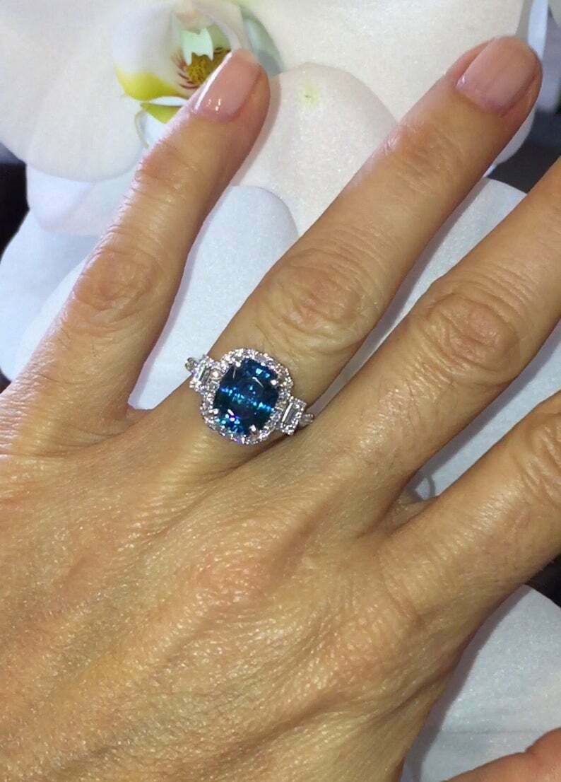 2Ct Cushion Simulated London Blue Topaz Halo Ring 14K White Gold Plated Silver