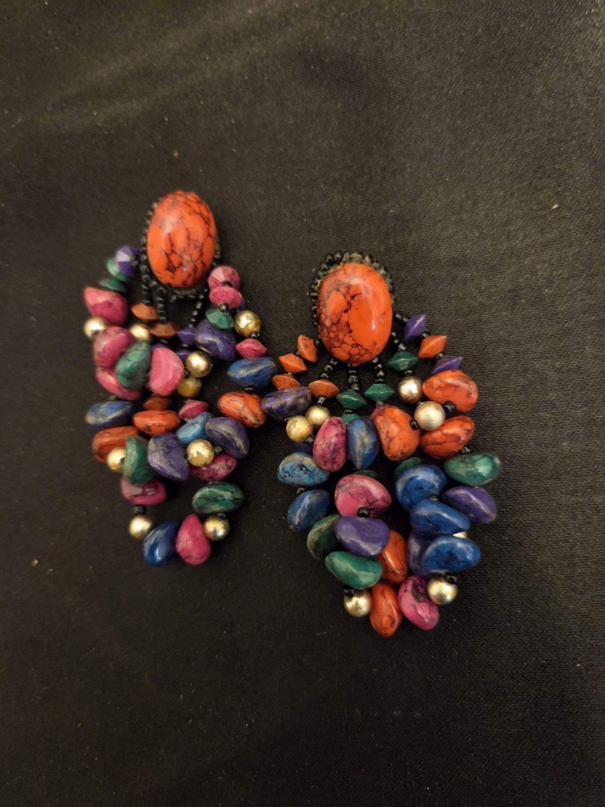 Vintage 1980s Orange, Pink, Blue, Green & Silver Beaded Cluster Dangle Earrings
