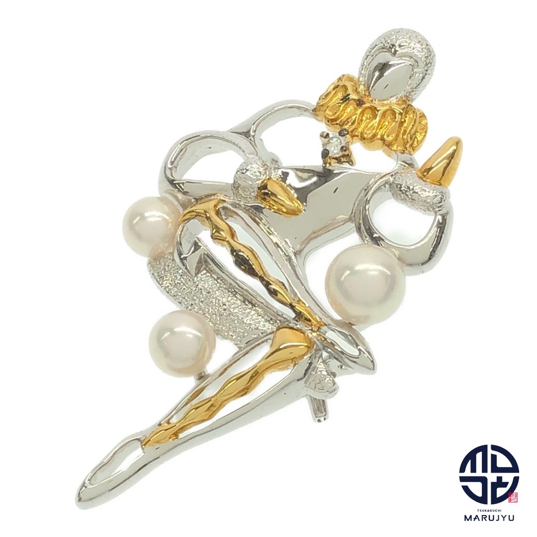Mikimoto Clown Motif Akoya Pearl 3p Diamond Pendant Brooch Jewelry Used MARJ-0