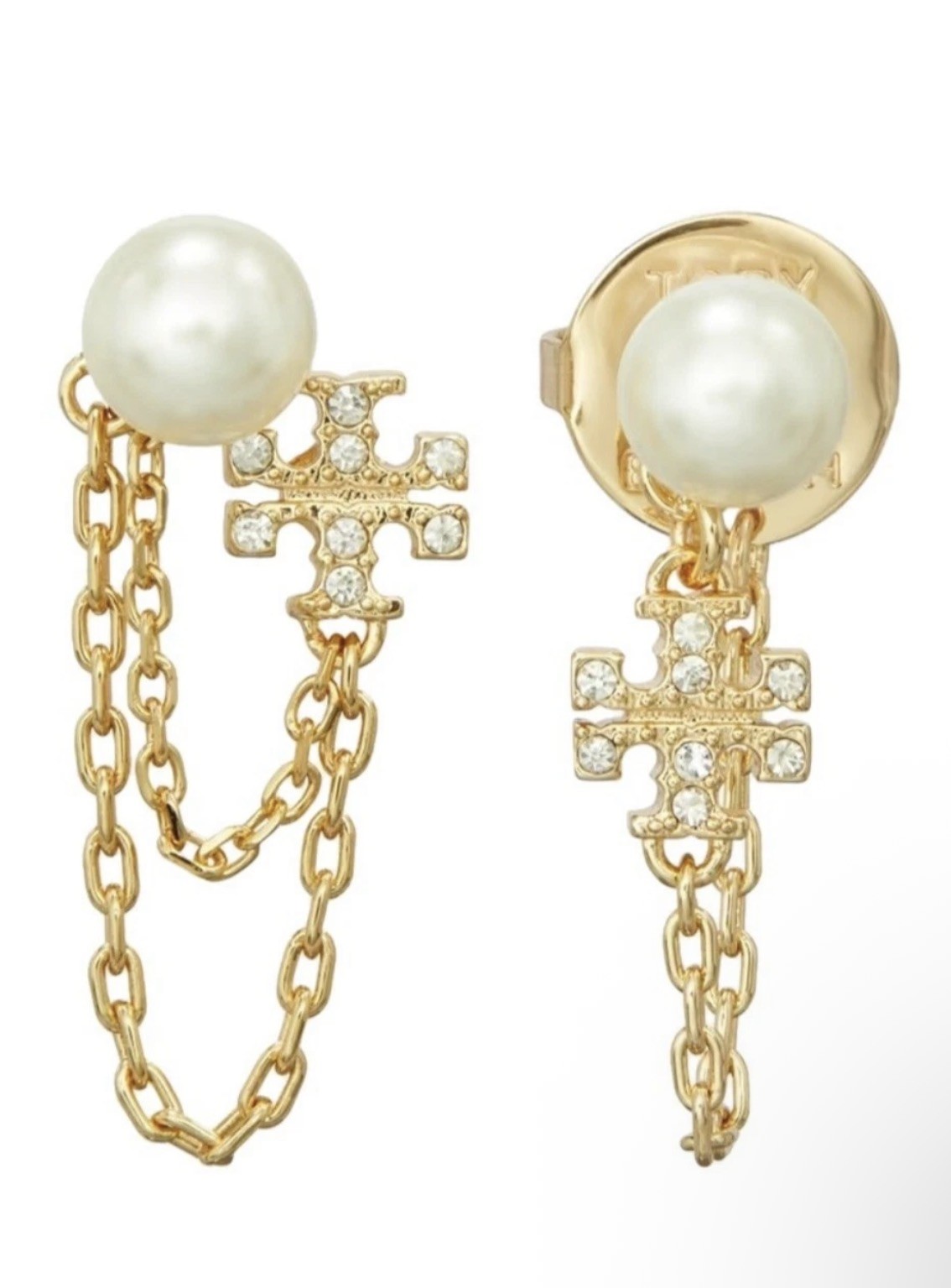 Tory Burch Cross Drop Earrings Gold Tone Pearl Chain Crystal Butterfly Sexy logo