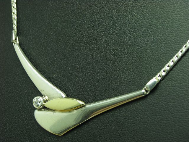 925 Sterling Silver Necklace With Set Zircons / Partly Gold / 42.5cm