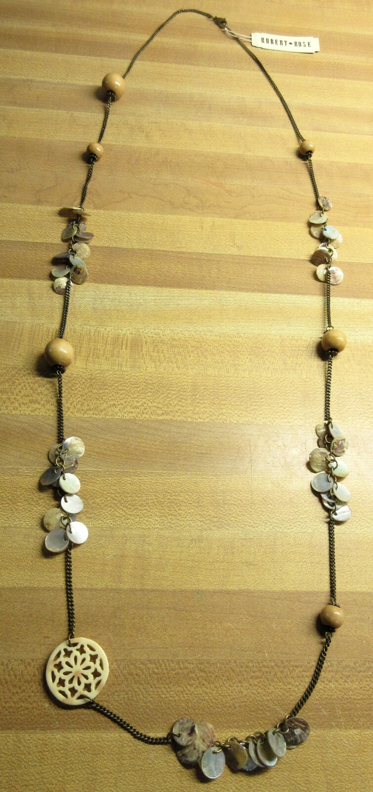 NEW ROBERT ROSE Bronze tone metal 39″ brown off white tan chunky bead Necklace