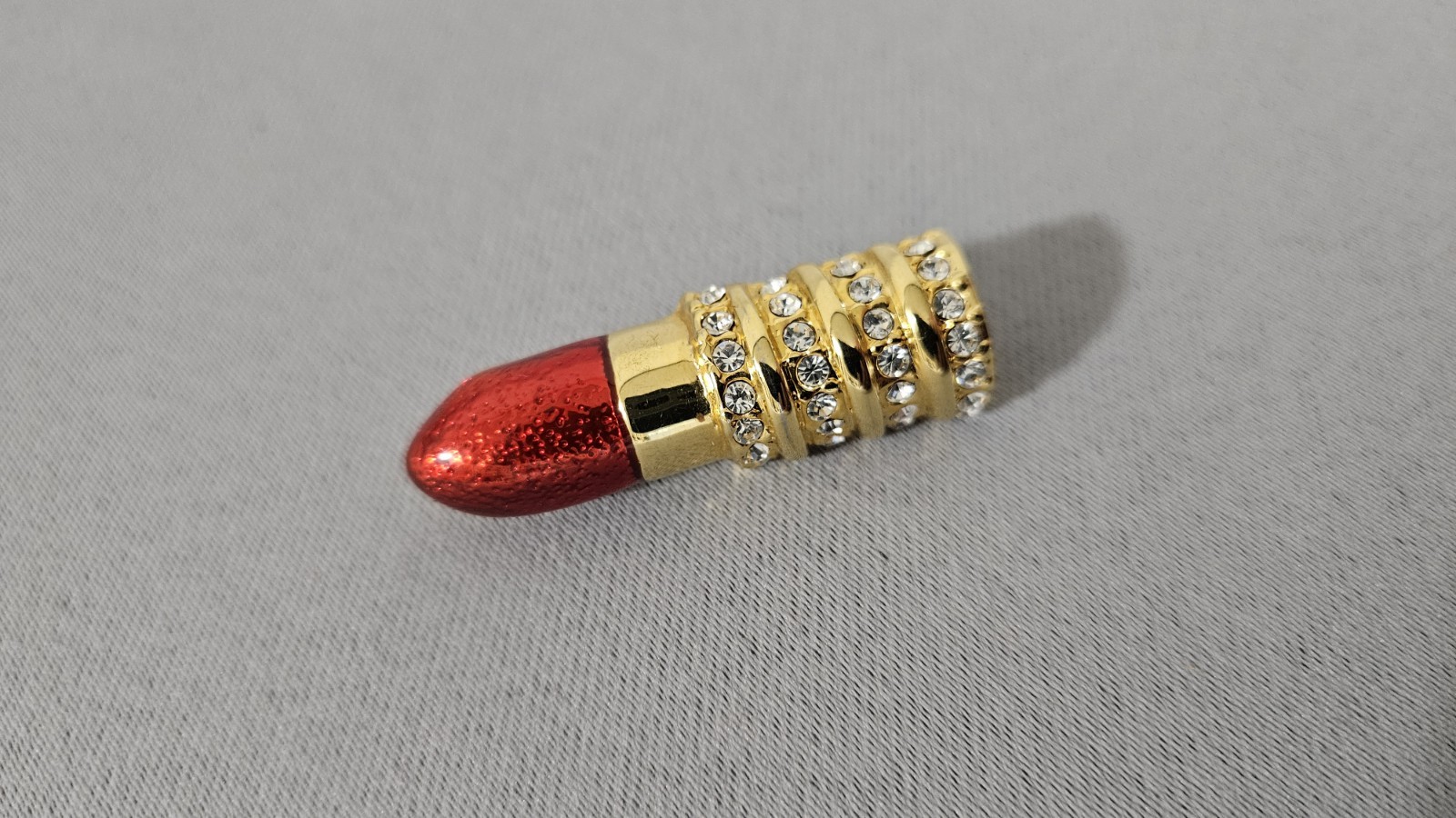 Lipstick Brooch Pin Red Enamel Gold Tone Rhinestones Costume Jewelry