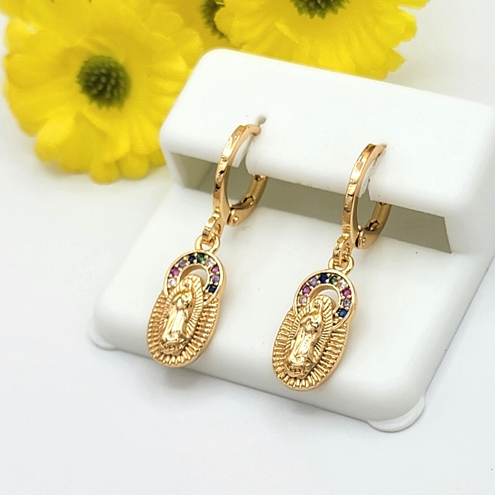 Our Lady of Guadalupe Dangle Hoop Gold Plate Earrings Aretes Virgen Oro Laminado