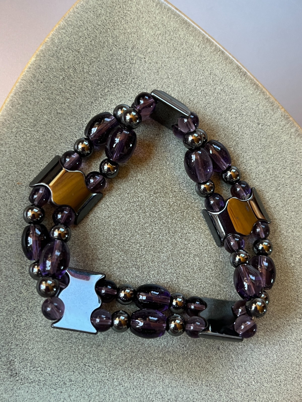 Hematite Scalloped Rectangle Round & Dark Purple Barrel & Round Bead Stretch Bra