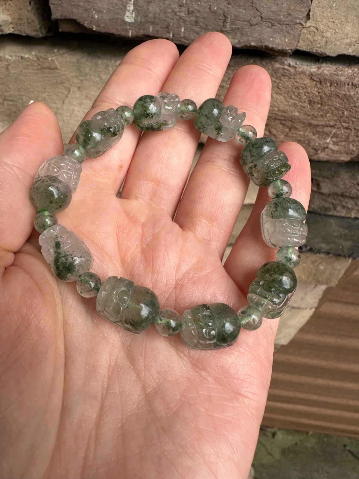 Moss Agate Bracelet Carved Pixiu Artisan Handcrafted