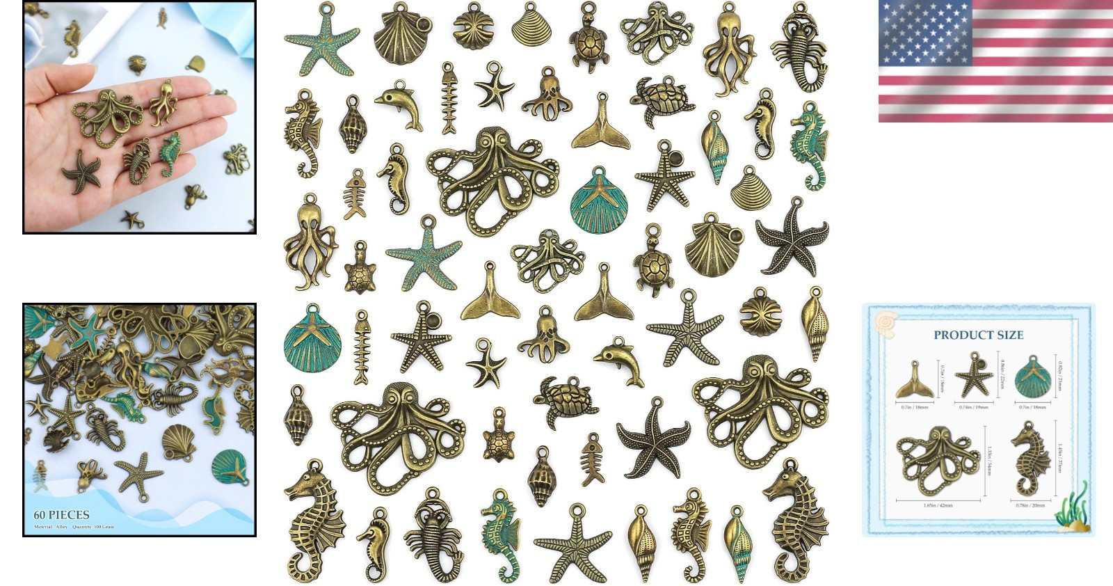 Assorted Ocean-Themed Bronze Charms – 100g for Custom Jewelry Creations