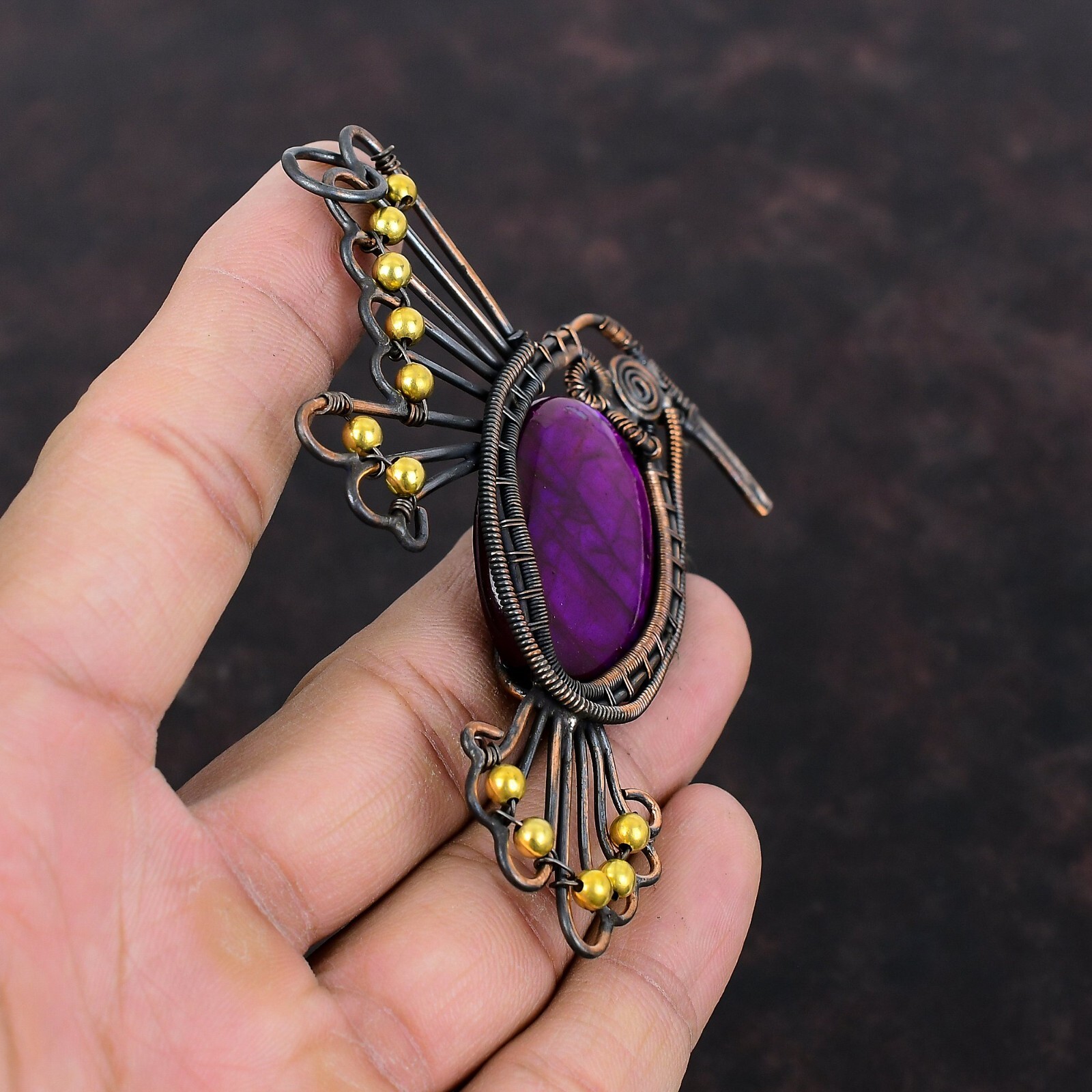 Purple Fire Labradorite Copper Gift For Mum Wire Wrapped Bird Pendant 3.86″