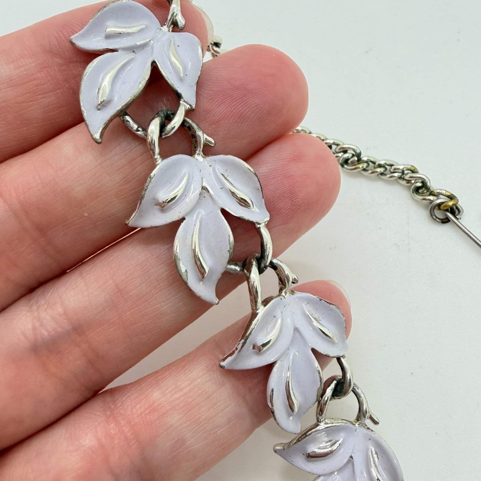Vintage Coro Necklace, Silver Tone Leaves With Lilac Enamel