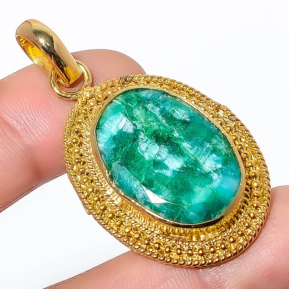 Emerald (Lab-Created) Gemstone 925 Silver Gold Plated Pendant 1.76″ P7622-220