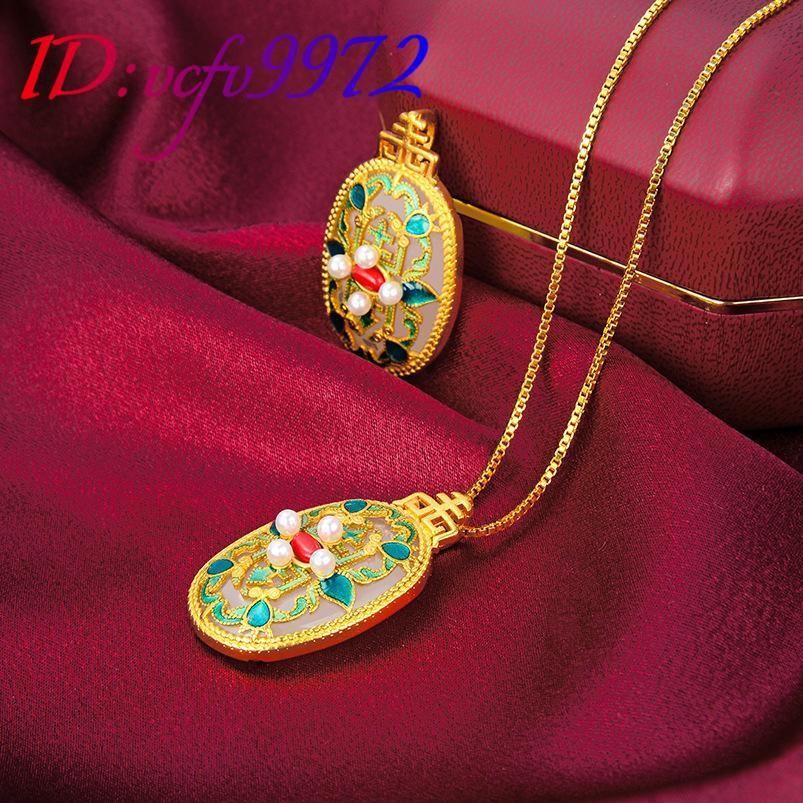 Natural Jade Flower Pendant Necklace Real Jewelry Talismans 18K Gold Plated
