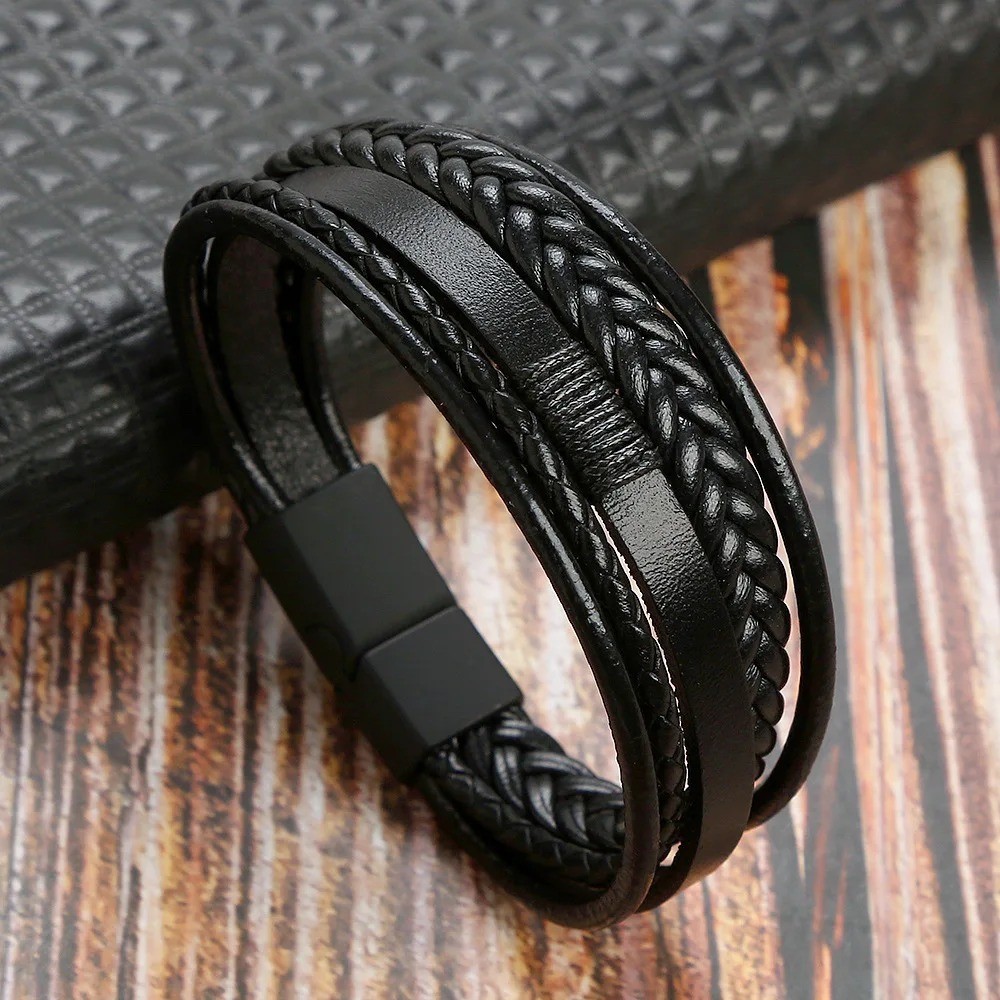 Men’s Braided Leather Bracelet Multilayer Wrap Cuff Black 8.3 In Casual Gift